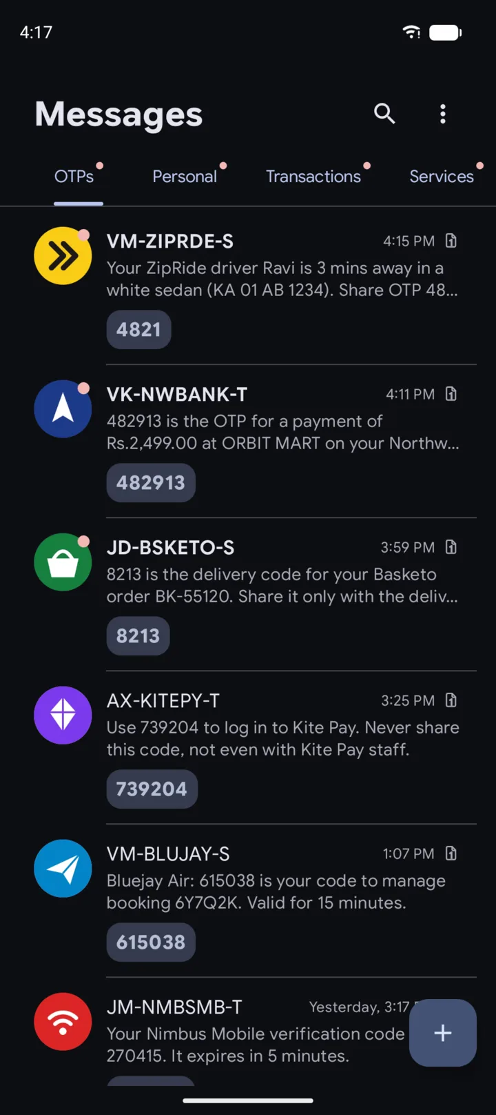 The OTPs tab in dark theme