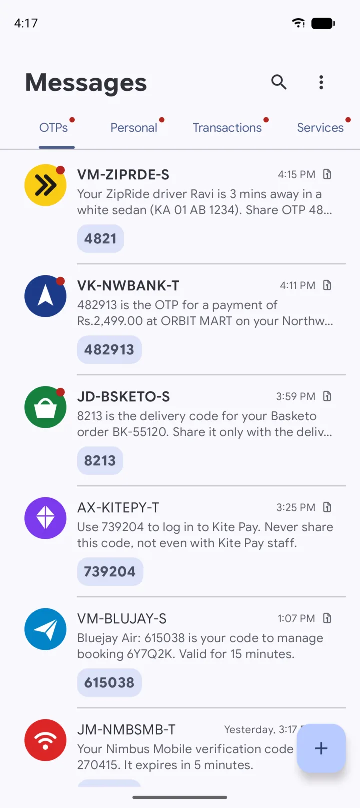 The OTPs tab in Clean SMS, listing recent codes with the code pulled out of each message