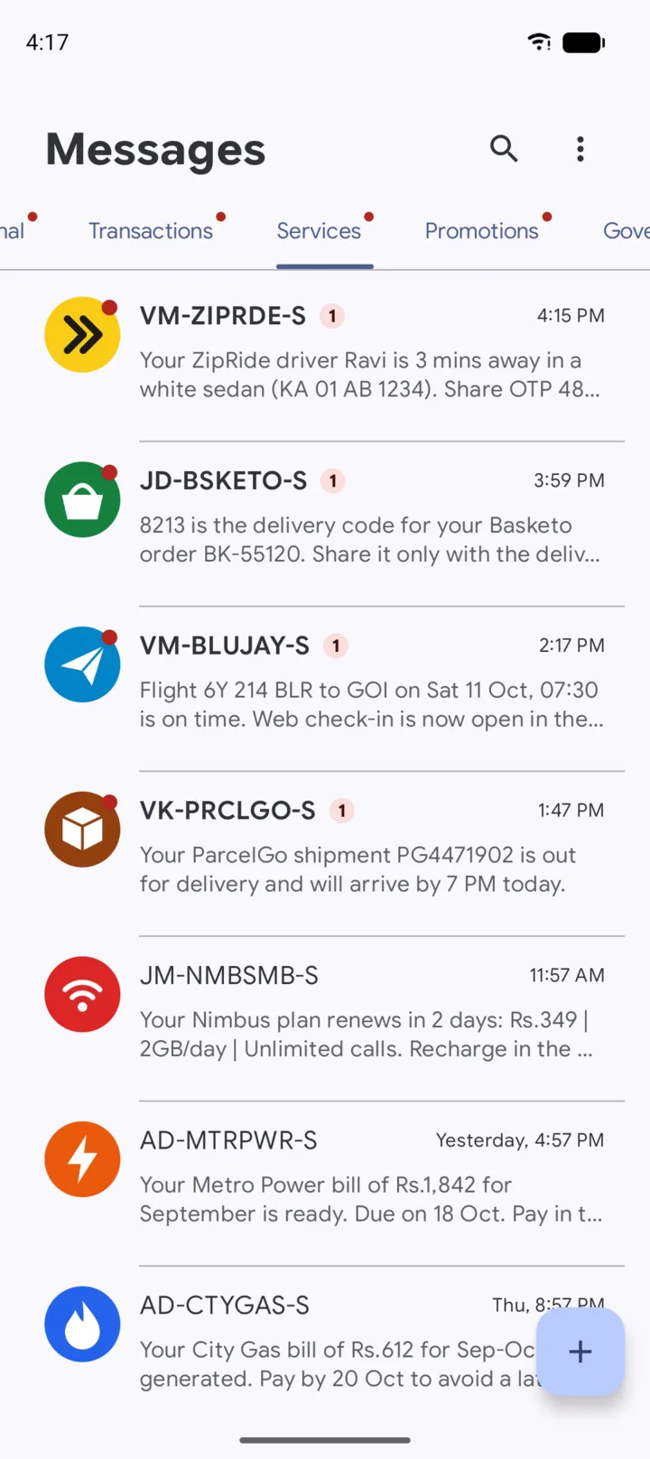 The Services tab with sender logos next to each business