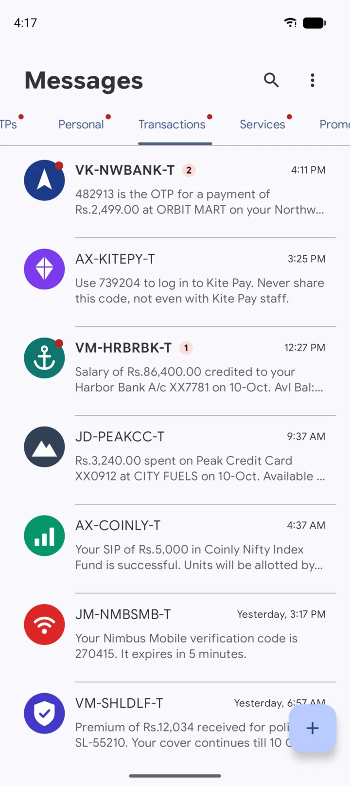 The Transactions tab with bank and payment messages